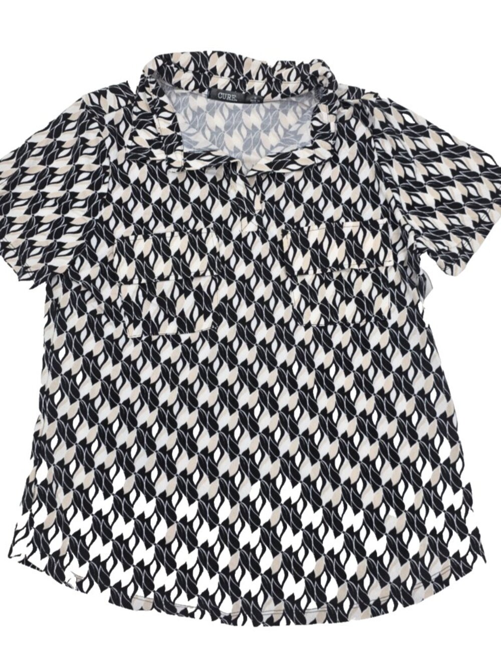 Cure Blouse Womens Medium Black White Leaf Short Sleeve Collared Neck Pockets